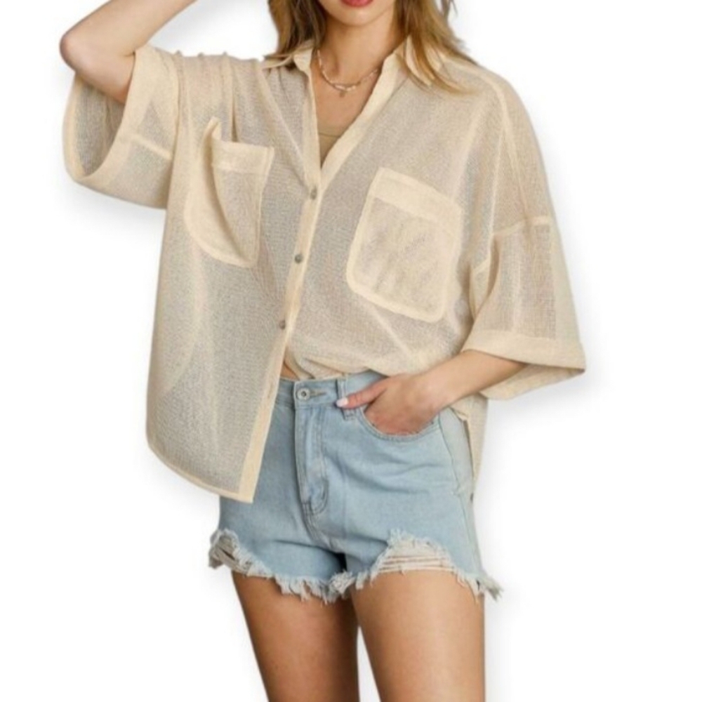 Lilyful Beige Sheer Mesh Button-Down Shirt Sz.S EUC. - Picture 2 of 10